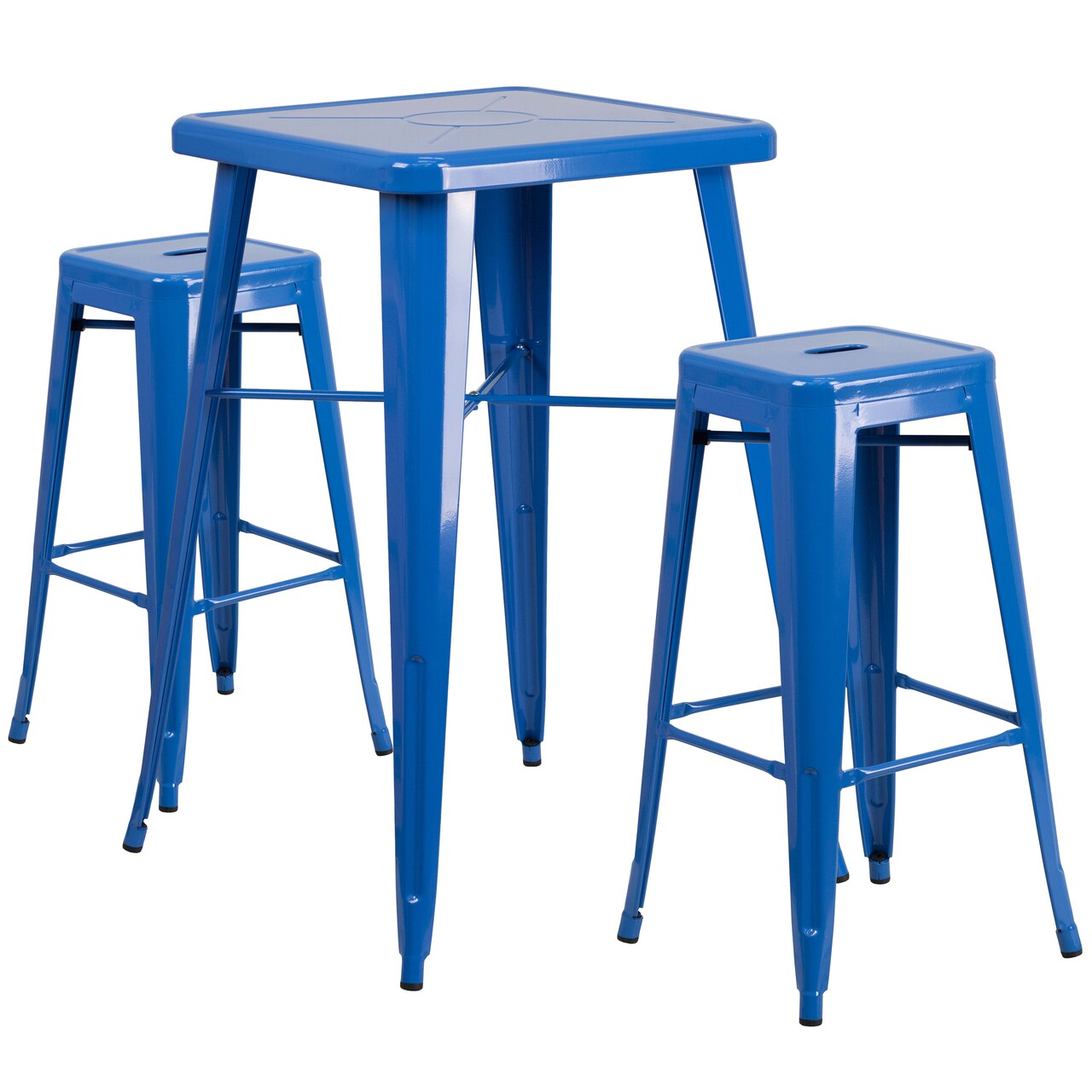 Emma and Oliver Commercial Grade 23.75" Square Metal Indoor-Outdoor Bar Set & 2 Backless Stools